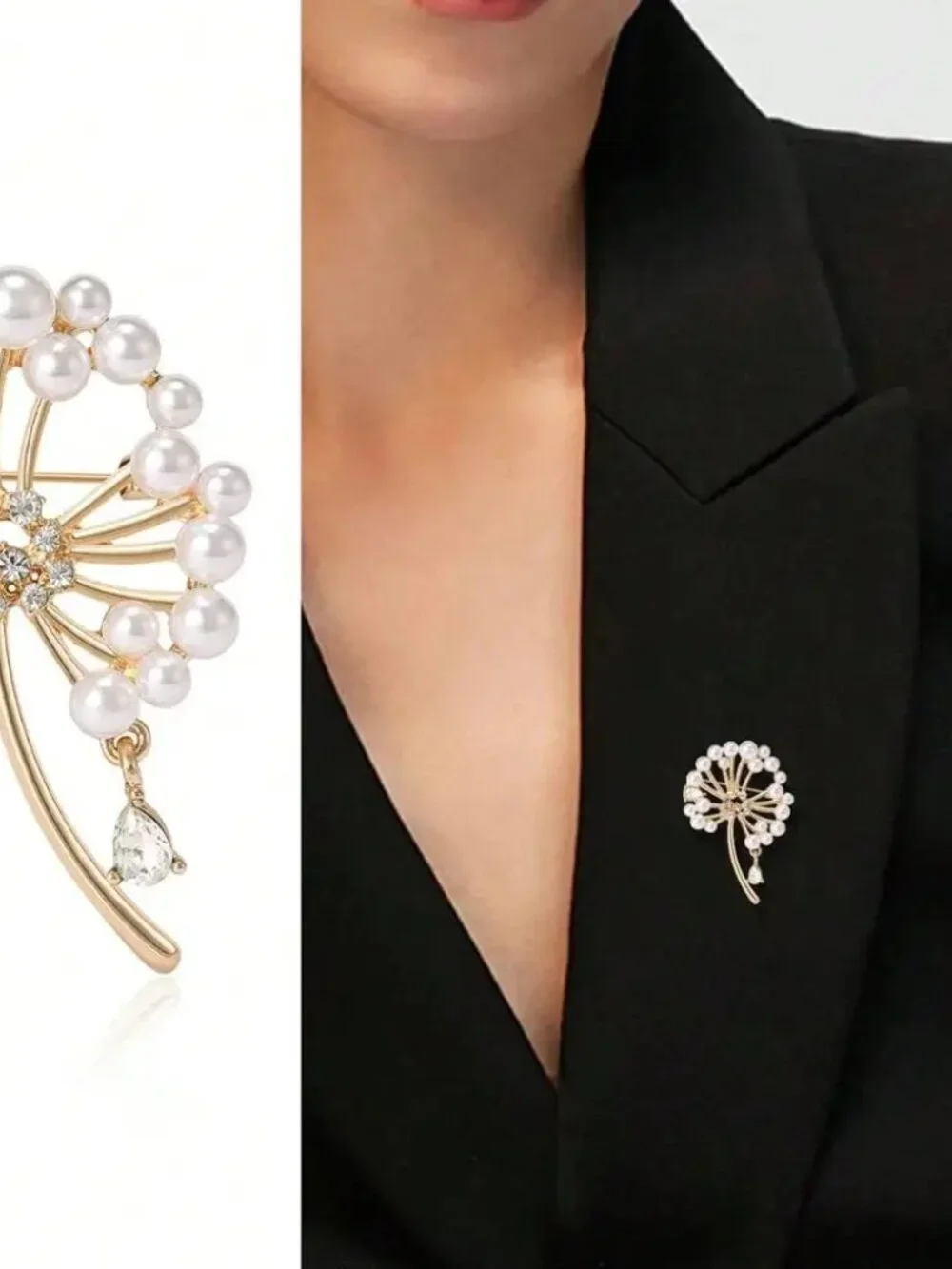 Gold Dandelion Pearl Brooch Pin • Rhinestone Crystal Floral Statement Luxury NEW